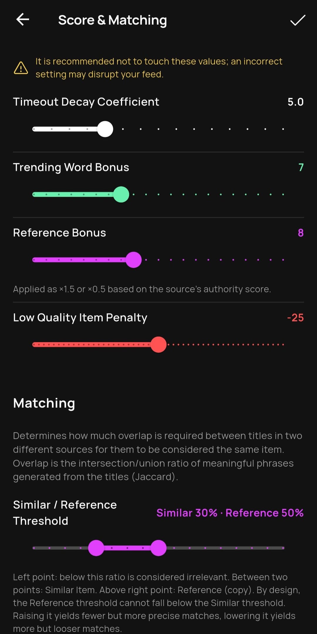 The Scoring & Matching page in Settings: sliders for the decay coefficient, trend and reference bonuses and the low-quality penalty, and at the bottom a two-handled slider carrying the Similar and Reference thresholds.