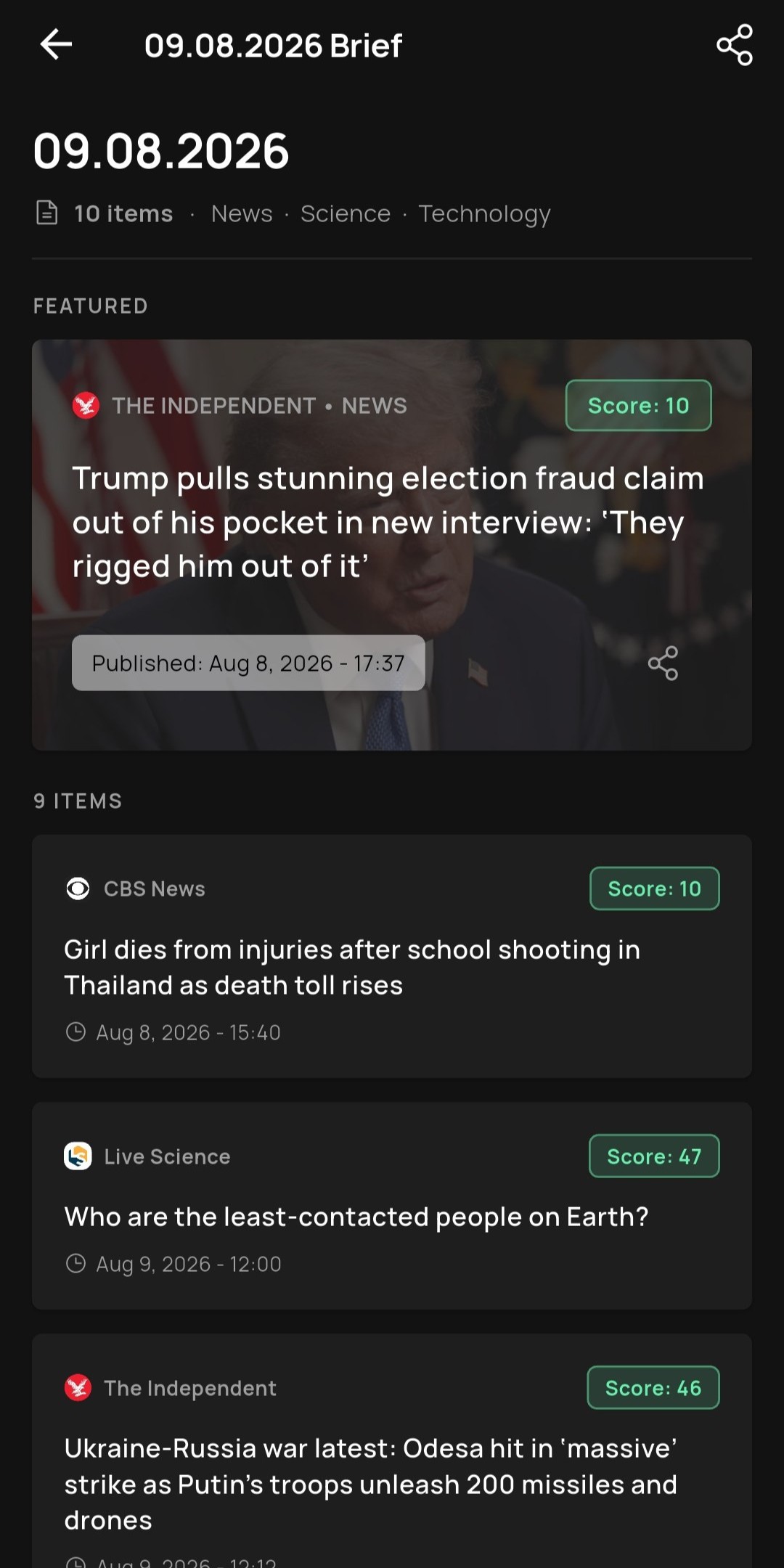 The Daily Brief screen: a date heading, a featured item card and, below it, the list of the day’s remaining items.