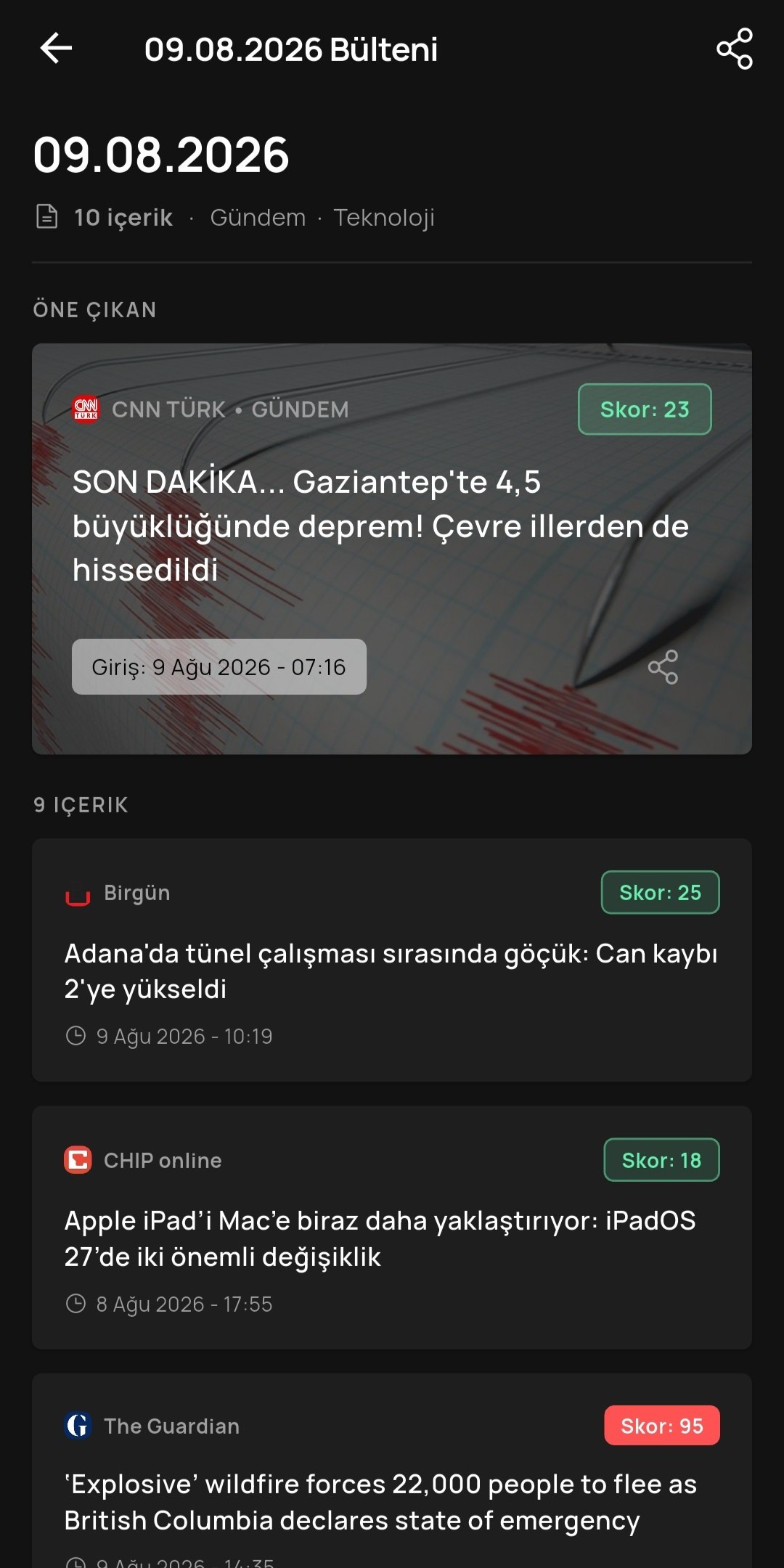 Günlük Bülten ekranı: tarih başlığı, öne çıkan içerik kartı ve altında günün diğer içeriklerinin listesi.