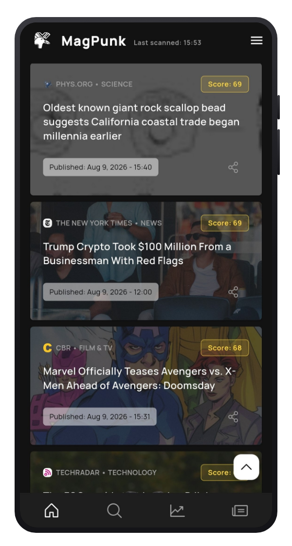 The MagPunk feed: news cards stacked, each with a score badge in its top-right corner.