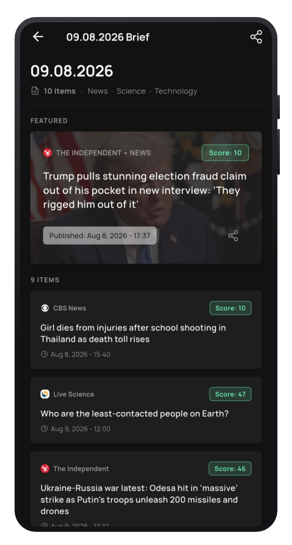 The Daily Brief screen: the featured item card and the rest of the day's headlines.