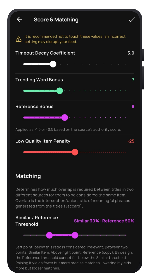 The Scoring & Matching page in Settings: decay, bonus and two-handled threshold sliders.