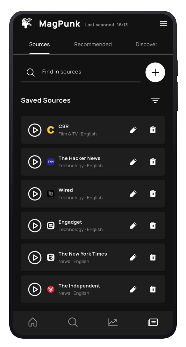 The Sources screen: the saved source list, a search box and the add-source button.
