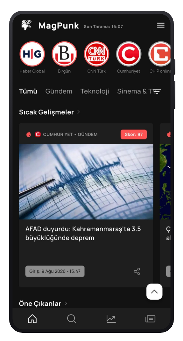 Nabız ekranı: üstte dairesel kaynak şeridi, altında o kaynağın yüksek skorlu içeriği.