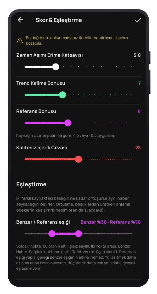 Ayarlardaki Skor & Eşleştirme sayfası: erime, bonus ve çift uçlu eşik kaydırıcıları.
