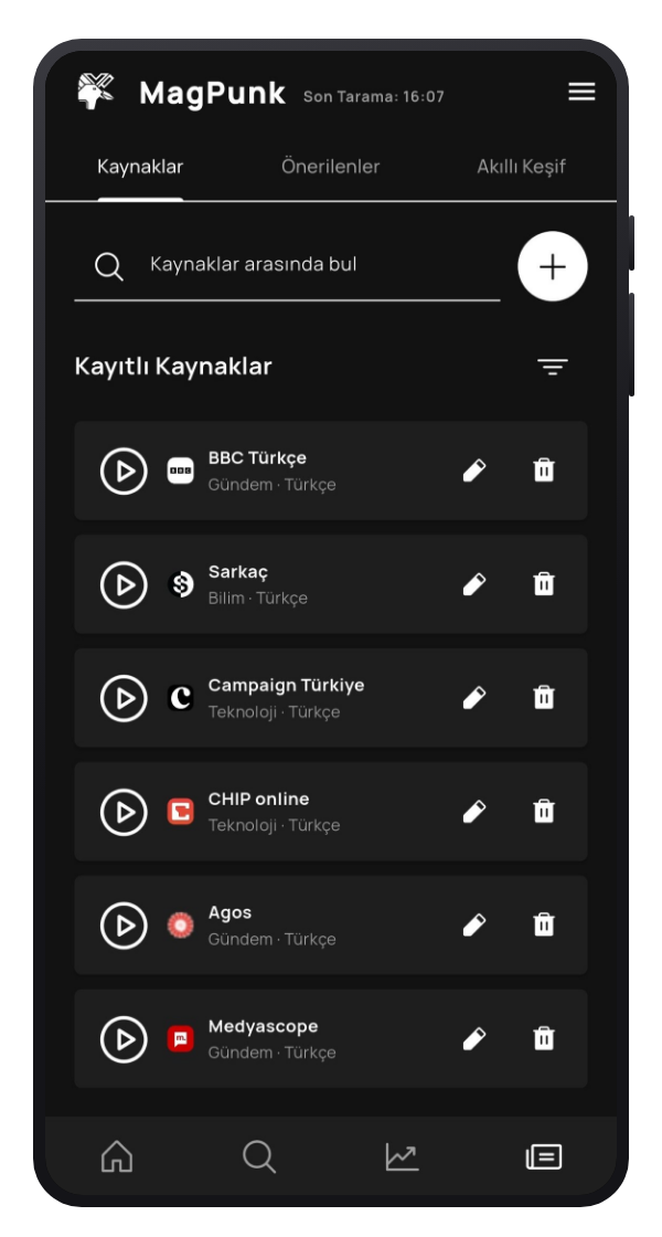 Kaynaklar ekranı: kayıtlı kaynak listesi, arama kutusu ve kaynak ekleme düğmesi.
